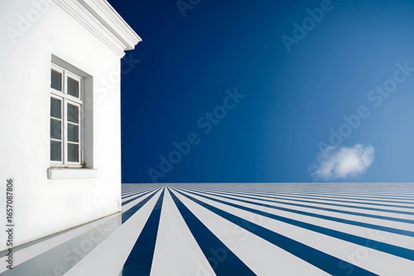 Obraz White building with window and striped ground against a clear blue sky with a single cloud far away