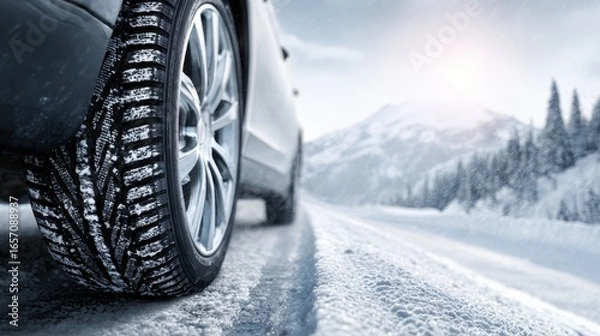 Fototapeta Premium photo of winter tire on snow and ice road advertisement for safety and background.