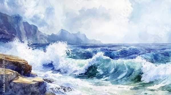 Fototapeta large waves hitting rocks, landscape made with watercolor generative ai