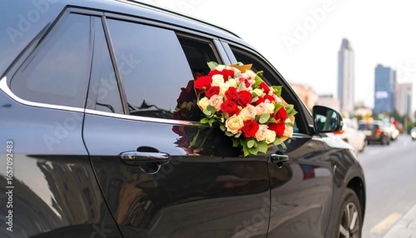 Fototapeta Bouquet of roses displayed in a car window.