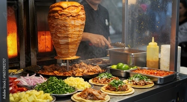 Obraz Tacos stand at the Food Vendor: A close-up photograph capturing the art of taco preparation in a vibrant food stand, showcasing the sizzling ingredients and the chef's skilled touch. 