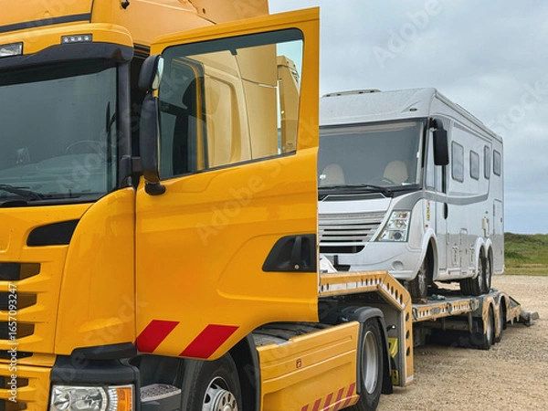 Fototapeta Tieflader schleppt liegengebliebenes Wohnmobil ab 