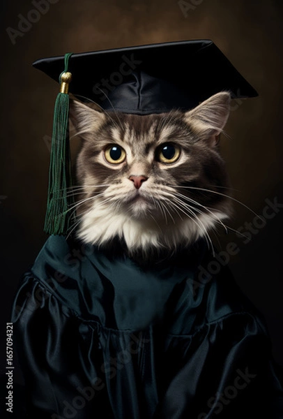 Obraz Clever cat proudly wearing a graduation cap and gown, symbolizing achievement and education in a whimsical manner.