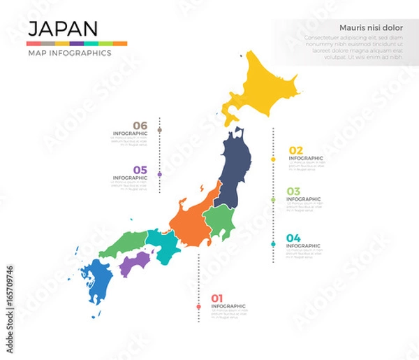 Fototapeta Japan country map infographic colored vector template with regions and pointer marks
