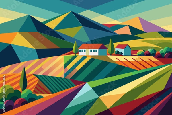 Obraz Geometric Landscape Illustration Colorful Mountain Range and Farm Scene