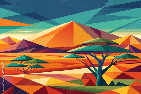Obraz Geometric Abstract African Savanna Landscape Vibrant Colors and Shapes