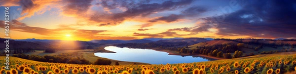 Fototapeta Vibrant sunflower field at sunset under a dramatic sky in a rural landscape