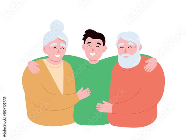 Fototapeta 
Son with elderly parents. Grandparents in a happy family. Caring for the older generation. Vector flat graphics.