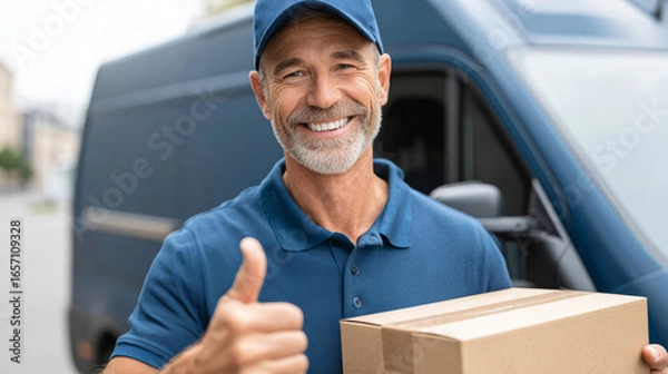 Fototapeta Smiling delivery man in blue polo and cap holding package next to van