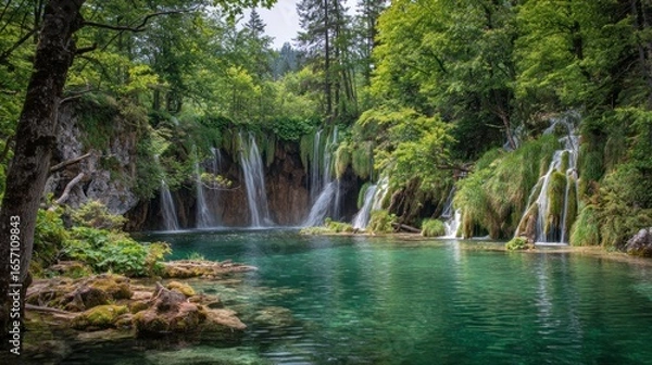 Obraz Enchanted Waterfall Oasis: Serene Lake Surrounded by Lush Greenery