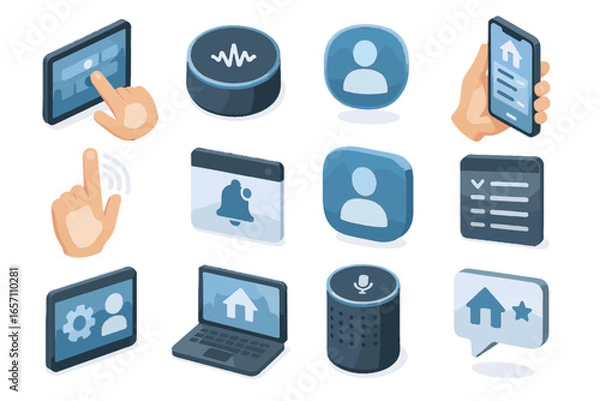 Fototapeta Interface vector app command speaker panel home isometric icon feedback personalized smart