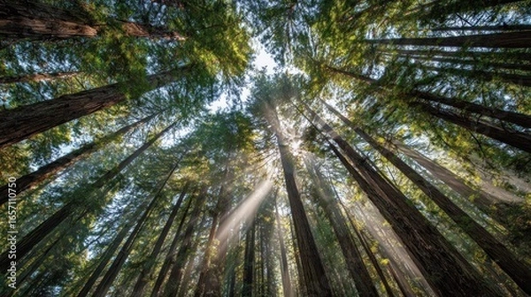 Obraz Majestic Redwood Forest: Sunbeams Through Ancient Trees