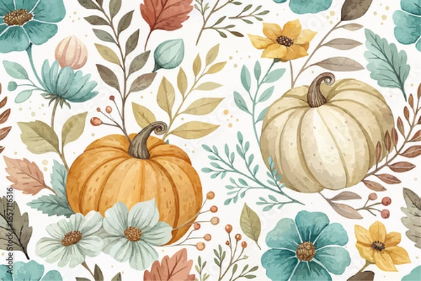 Fototapeta Watercolor autumn harvest pattern with pumpkins flowers and leaves in a seamless repeat design of fall season
