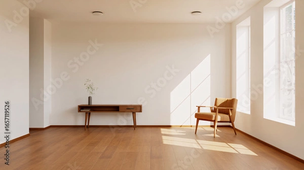 Obraz Bright modern empty room with warm sunlight streaming through large windows onto wooden floors.