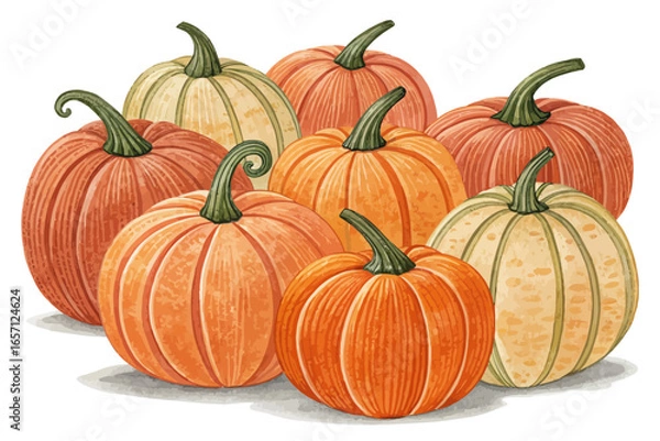Fototapeta A group of seven pumpkins in various shades of orange and cream with green stems arranged together closely