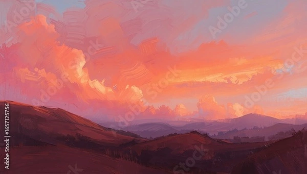 Fototapeta Atmospheric digital art of a fiery sunset casting a warm glow on a tranquil mountain range