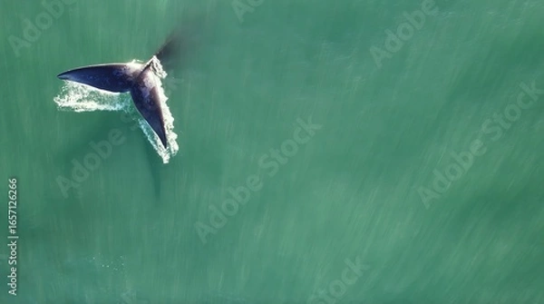Fototapeta Gray whale tail diving into azure ocean water, aerial drone view, sunlight rays shining through the sea, majestic marine wildlife in natural habitat, powerful moment of nature, beauty and freedom of