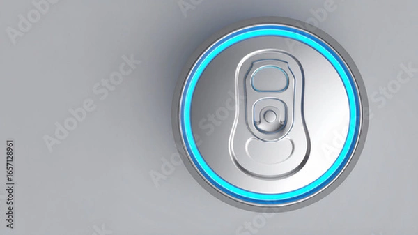 Fototapeta A close-up, top-down view of the top of a silver beverage can with a vibrant blue illuminated ring around the edge. The pull-tab and details of the can's lid are clearly visible against a soft grey ba