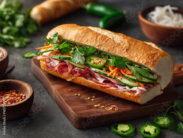 Fototapeta Delicious banh mi sandwich with cilantro and jalapenos resting on cutting board