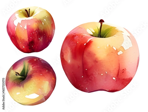 Fototapeta Hand painted watercolor apple set illustration, isolated botanical PNG, organic fresh fruit clipart, red and green apple design with transparent background for recipe, packaging, and home decor