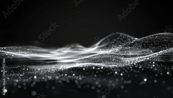 Fototapeta Abstract grayscale particle waves, dark background, digital art, website header