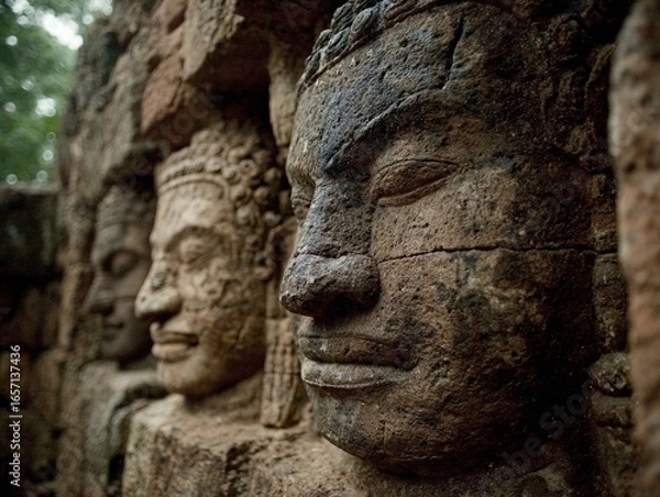 Fototapeta A group of stone faces on the side of a building.