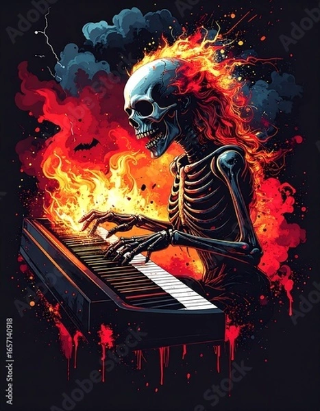 Fototapeta Skeletal figure playing piano engulfed in flames
