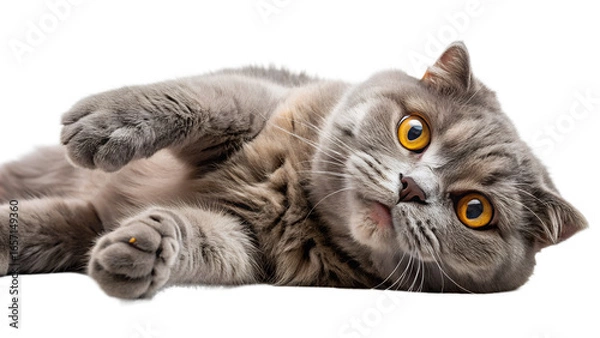 Fototapeta Cute grey tabby scottish fold cat lying on its back, isolated on transparent background