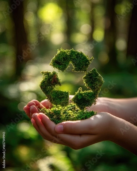 Fototapeta Child's hands holding moss recycle symbol in forest