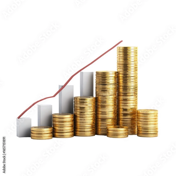 Fototapeta Gold coins stacked with upward trending graph