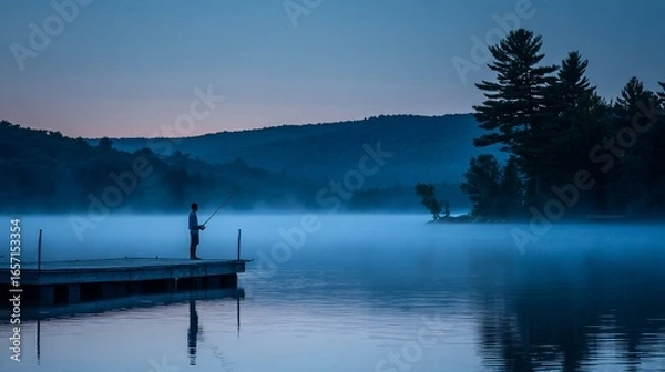 Fototapeta Serene Man Fishing on Dock Overlooking Misty Lake at Dawn in Peaceful Natural Setting