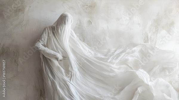 Obraz An ethereal figure draped in flowing fabric creates a sense of mystery and movement against a textured, neutral backdrop, evoking feelings of transcendence and the unknown.