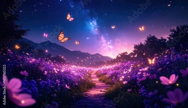 Obraz Enchanted Flower Field at Twilight, Purple Blossoms under Starry Sky