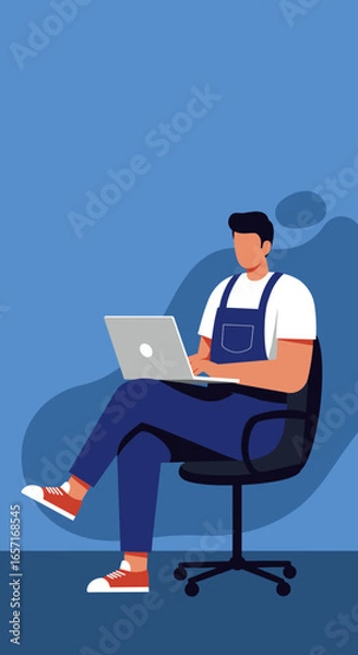Fototapeta Man in overalls sits on chair, working on laptop. Illustrates concepts of remote work, freelancing, online learning, and digital productivity.