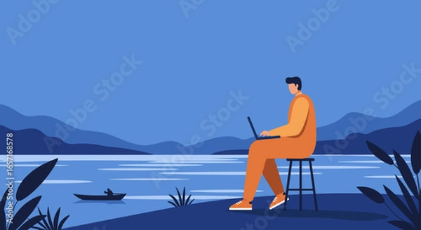 Fototapeta Man working remotely on laptop by a tranquil lake, reflecting a digital nomad lifestyle, flexible work, and productive connection with nature.