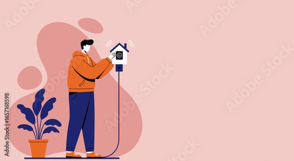 Fototapeta Person interacting with a smart home security device, symbolizing modern living, home automation, and advanced digital connectivity for household convenience and safety.