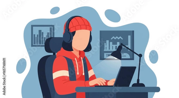 Fototapeta A focused person in headphones works on a laptop at a desk, illuminated by a lamp. Ideal for themes of remote work, online learning, or digital productivity.