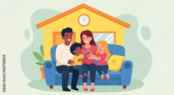 Fototapeta A joyful diverse family sits on a sofa, depicting home, happiness, and security. Ideal for real estate, finance, and lifestyle concepts.