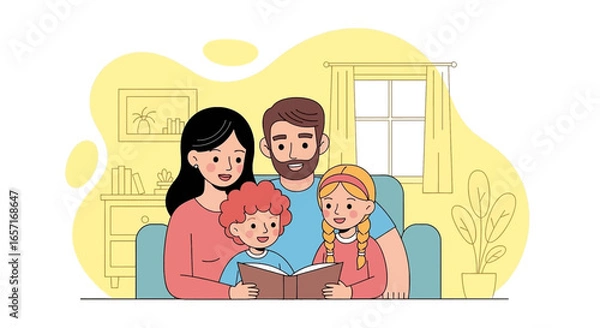 Fototapeta A happy family enjoys reading a book together on the sofa at home, depicting comfort, learning, and strong family bonding. Ideal for parenting, education, or cozy lifestyle themes.