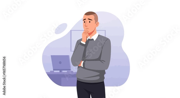 Fototapeta Thoughtful man considering options at his desk. Represents problem-solving, decision-making, innovation, and strategic thinking in business or personal life.