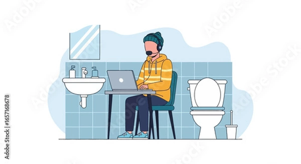 Fototapeta Person working remotely from a small bathroom using a laptop and headset, illustrating the realities and challenges of a work-from-home lifestyle.