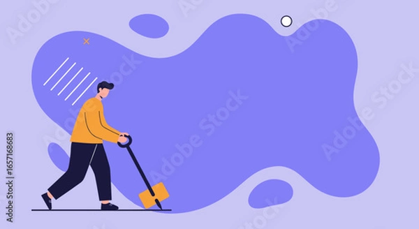 Fototapeta Abstract illustration of a man pushing a large object, symbolizing effort, progress, and task completion in business or project development.