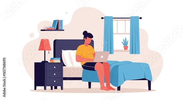 Fototapeta Person working or studying remotely from bed with a laptop, highlighting modern flexible work arrangements and comfortable home lifestyle.