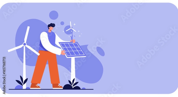 Fototapeta A man stands with wind turbines and a solar panel, symbolizing renewable energy and sustainable development. Ideal for green technology, environmental, and eco-friendly concepts.
