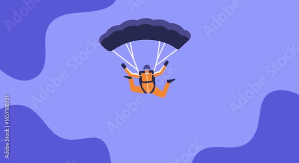 Fototapeta Person in orange jumpsuit skydiving with an open parachute against an abstract purple background. Represents adventure, freedom, extreme sports, and thrilling leisure.