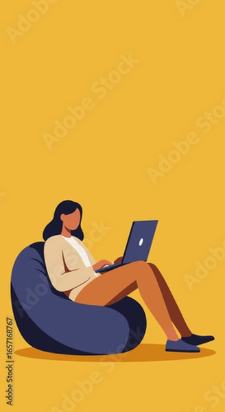 Fototapeta Woman working comfortably on a laptop from a bean bag chair. Ideal for concepts of remote work, flexible schedule, home office, or casual productivity.