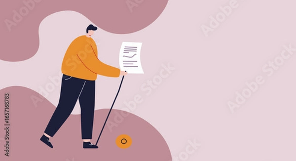 Fototapeta Man with pointer analyzes document, symbolizing business strategy, task management, or project planning. Modern illustration for concepts of guidance or review.