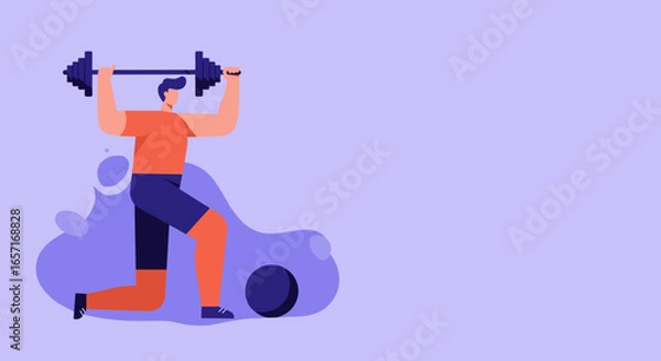 Fototapeta Illustration of a man performing an overhead lunge with a barbell, symbolizing strength, fitness, and an active lifestyle.