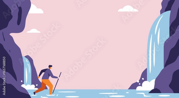 Fototapeta Person wading through water with a stick, surrounded by majestic waterfalls and rock formations. Represents adventure, nature exploration, and a peaceful outdoor journey.