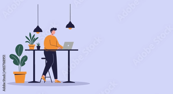 Fototapeta Professional working remotely on laptop at a standing desk in a modern, minimalist workspace. Concept of productivity, flexible work, and healthy lifestyle.